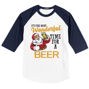 It's The Most Wonderful Time For A Beer Funny Santa Christmas Baseball Sleeve Shirt