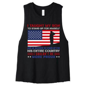 I Taught My Son How To Stand Up Proud Military Mom And Dad Women's Racerback Cropped Tank