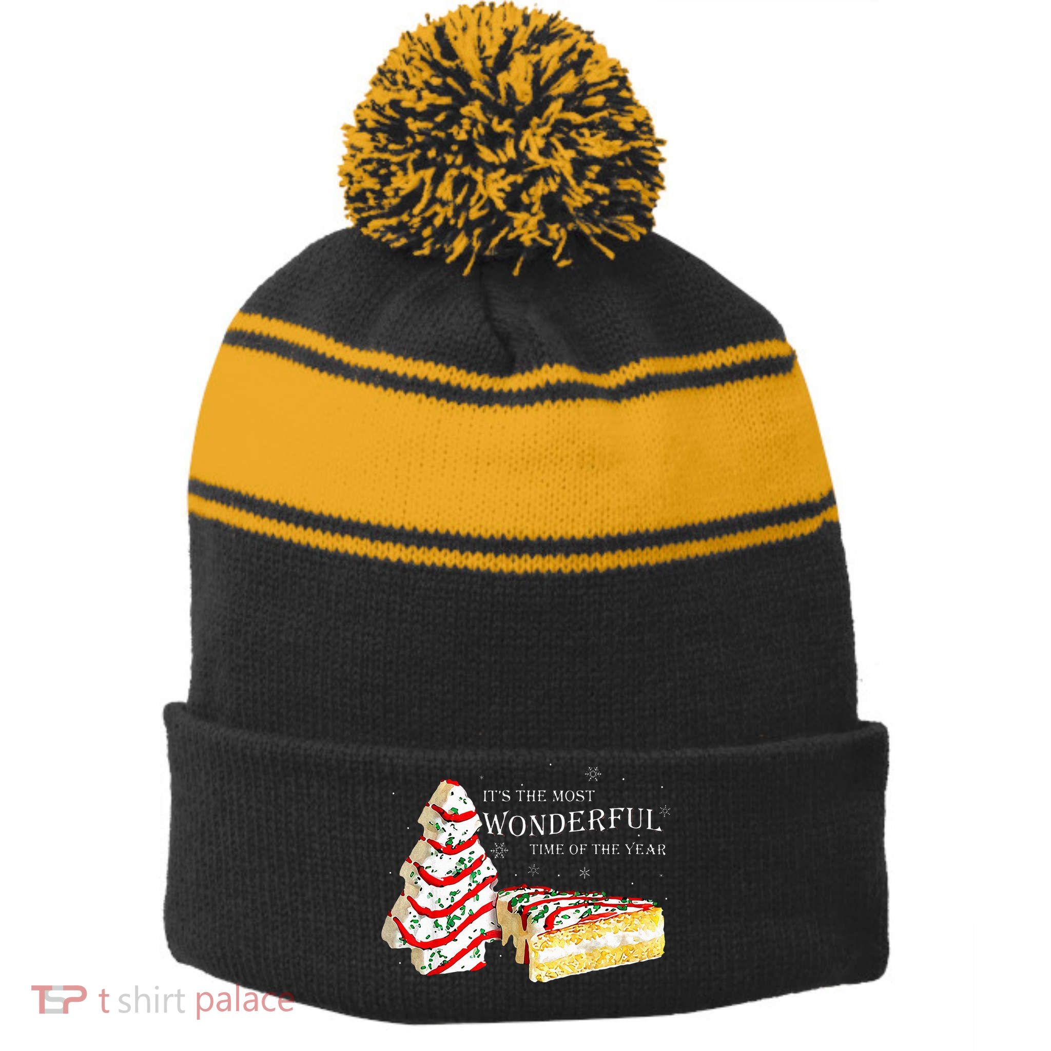 Its The Most Wonderful Time Of The Year Snack Cake Christmas Stripe Pom Pom Beanie