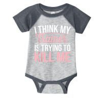 I Think My Trainer Is Trying To Kill Me Funny Gym Infant Baby Jersey Bodysuit