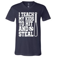 I Teach My to Hit and Steal Baseball Lover Mom V-Neck T-Shirt