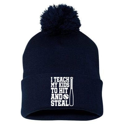 I Teach My to Hit and Steal Baseball Lover Mom Pom Pom 12in Knit Beanie