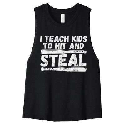 I Teach My Ki Ds To Hit & Steal Baseball Dad Coach Gift Women's Racerback Cropped Tank