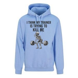 I Think My Trainer Is Trying To Kill Me Funny Gym Workout Unisex Surf Hoodie