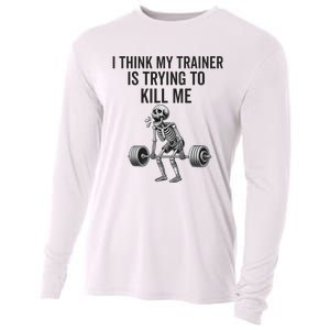 I Think My Trainer Is Trying To Kill Me Funny Gym Workout Cooling Performance Long Sleeve Crew