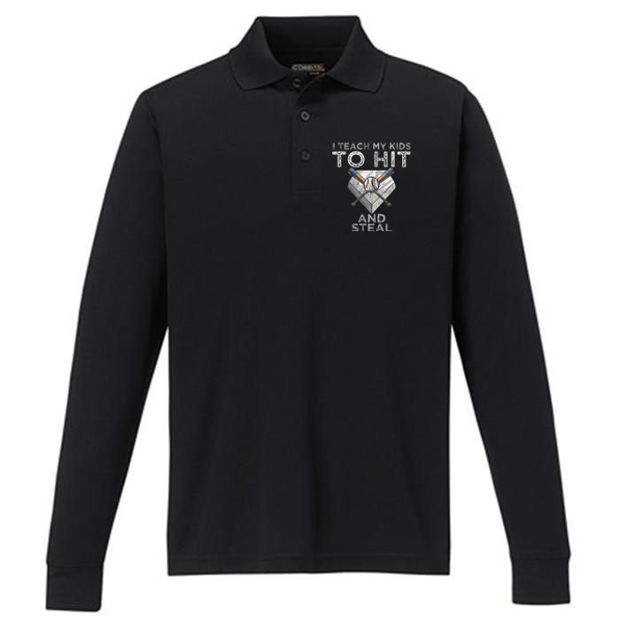 I Teach My To Hit And Steal Father Coach Baseball Dad Performance Long Sleeve Polo