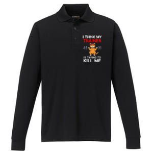 I Think My Trainer Is Trying To Kill Me Gym Tired Cat Gym Performance Long Sleeve Polo