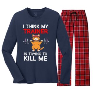 I Think My Trainer Is Trying To Kill Me Gym Tired Cat Gym Women's Long Sleeve Flannel Pajama Set 