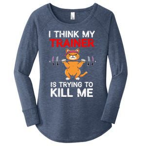 I Think My Trainer Is Trying To Kill Me Gym Tired Cat Gym Women's Perfect Tri Tunic Long Sleeve Shirt