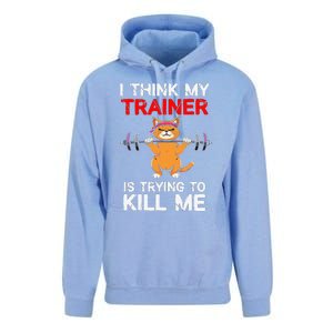 I Think My Trainer Is Trying To Kill Me Gym Tired Cat Gym Unisex Surf Hoodie