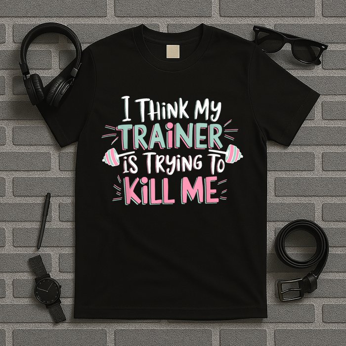 I Think My Trainer Is Trying To Kill Me Funny Gymer T-Shirt