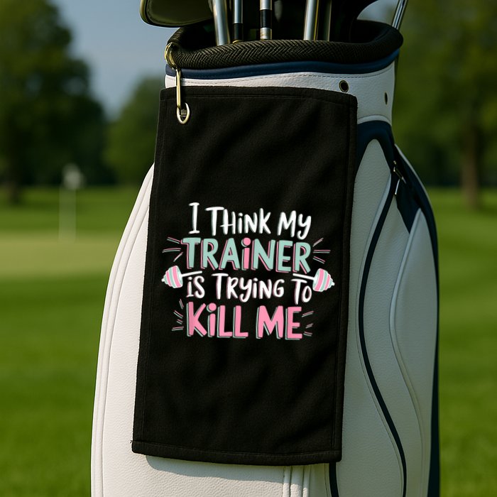 I Think My Trainer Is Trying To Kill Me Funny Gymer Golf Towel