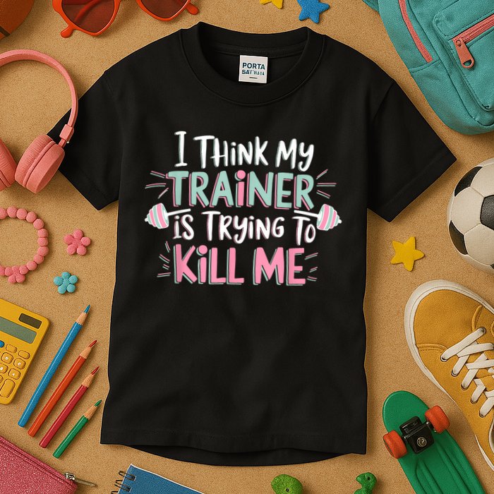 I Think My Trainer Is Trying To Kill Me Funny Gymer Kids T-Shirt