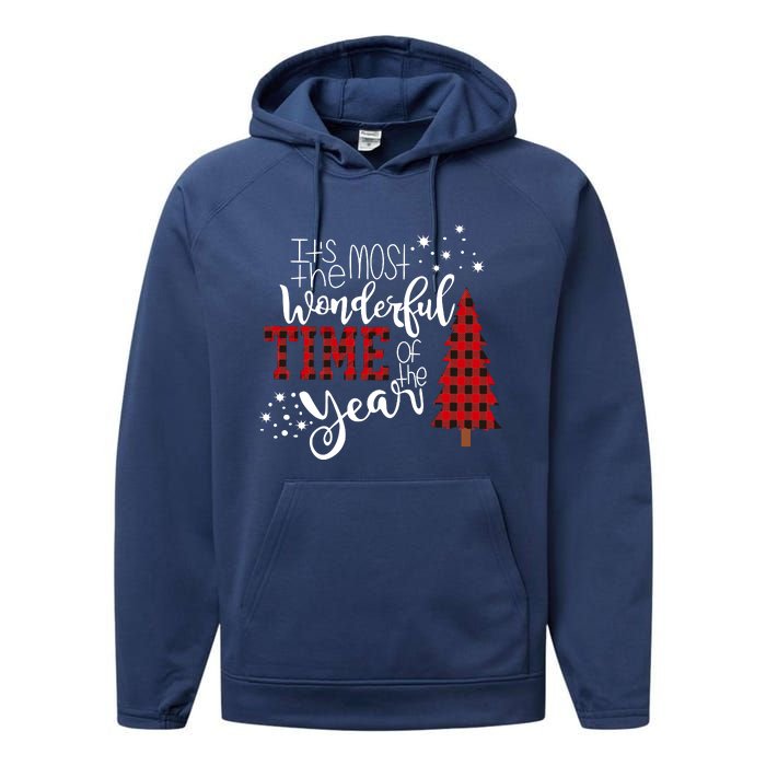 Its The Most Wonderful Time Of The Year Christmas Tree Plaid Performance Fleece Hoodie