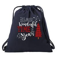 Its The Most Wonderful Time Of The Year Christmas Tree Plaid Drawstring Bag