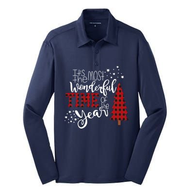 Its The Most Wonderful Time Of The Year Christmas Tree Plaid Silk Touch Performance Long Sleeve Polo