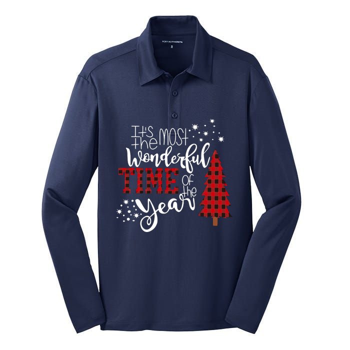 Its The Most Wonderful Time Of The Year Christmas Tree Plaid Silk Touch Performance Long Sleeve Polo