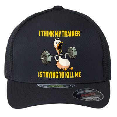 I Think My Trainer Is Trying To Kill Me Funny Workout Gym Flexfit Unipanel Trucker Cap