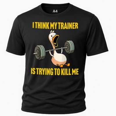 I Think My Trainer Is Trying To Kill Me Funny Workout Gym Cooling Performance Crew T-Shirt