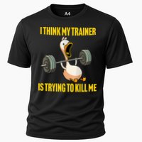 I Think My Trainer Is Trying To Kill Me Funny Workout Gym Cooling Performance Crew T-Shirt