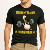 I Think My Trainer Is Trying To Kill Me Funny Workout Gym Cooling Performance Crew T-Shirt