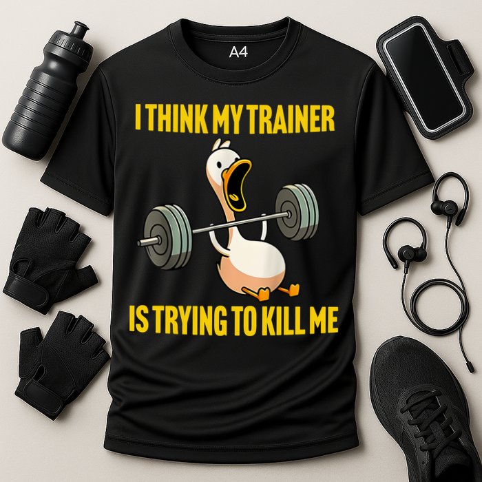 I Think My Trainer Is Trying To Kill Me Funny Workout Gym Cooling Performance Crew T-Shirt