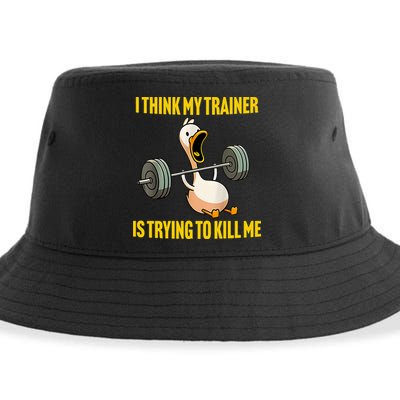 I Think My Trainer Is Trying To Kill Me Funny Workout Gym Sustainable Bucket Hat