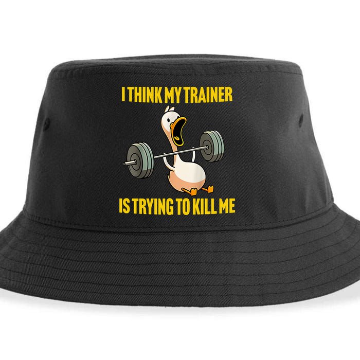 I Think My Trainer Is Trying To Kill Me Funny Workout Gym Sustainable Bucket Hat