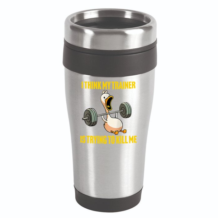 I Think My Trainer Is Trying To Kill Me Funny Workout Gym 16oz Travel Tumbler