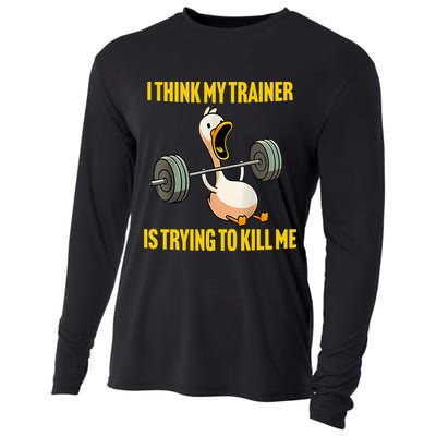 I Think My Trainer Is Trying To Kill Me Funny Workout Gym Cooling Performance Long Sleeve Crew