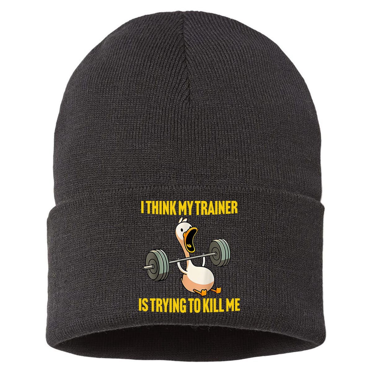 I Think My Trainer Is Trying To Kill Me Funny Workout Gym Sustainable Knit Beanie