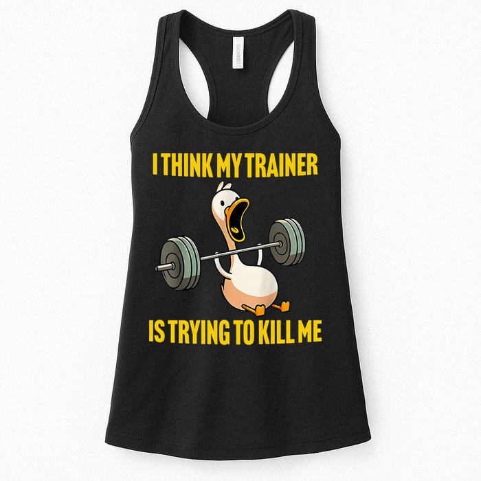 I Think My Trainer Is Trying To Kill Me Funny Workout Gym Womens Tank Top