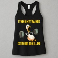 I Think My Trainer Is Trying To Kill Me Funny Workout Gym Womens Tank Top