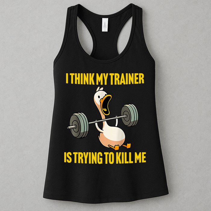 I Think My Trainer Is Trying To Kill Me Funny Workout Gym Womens Tank Top