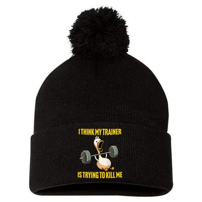 I Think My Trainer Is Trying To Kill Me Funny Workout Gym Pom Pom 12in Knit Beanie