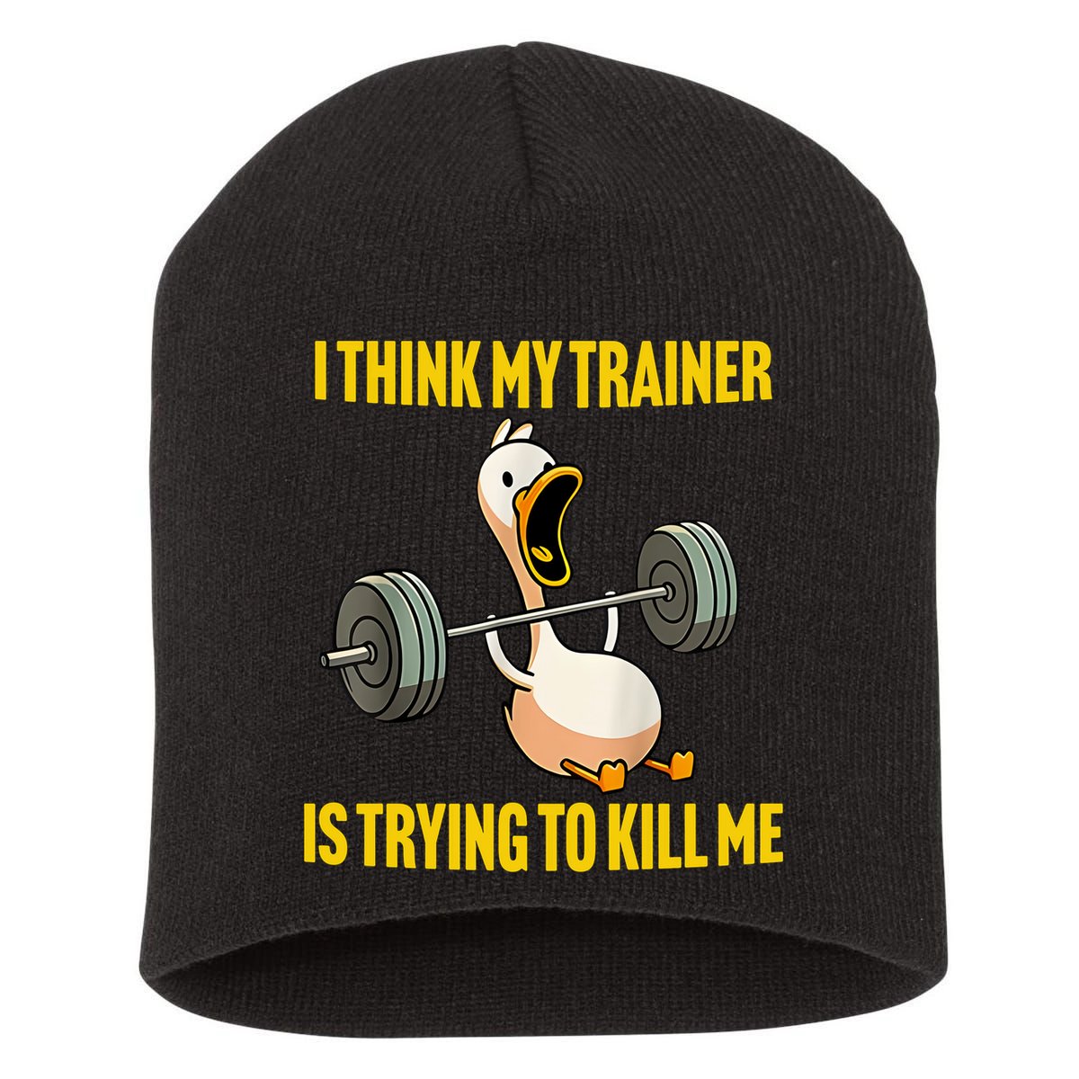 I Think My Trainer Is Trying To Kill Me Funny Workout Gym Short Acrylic Beanie