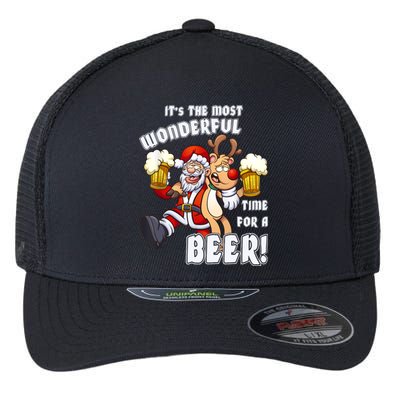 ItS The Most Wonderful Time For A Beer Santa Funny Xmas Flexfit Unipanel Trucker Cap