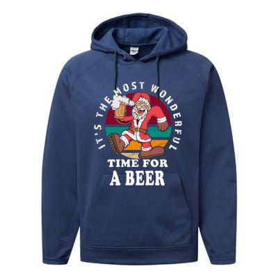 ItS The Most Wonderful Time For A Beer Vintage Santa Claus Cool Gift Performance Fleece Hoodie