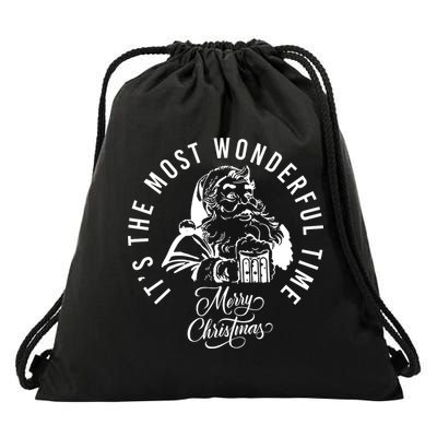 It's The Most Wonderful Time Santa Drinking Beer Christmas Drawstring Bag