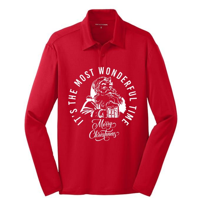 It's The Most Wonderful Time Santa Drinking Beer Christmas Silk Touch Performance Long Sleeve Polo