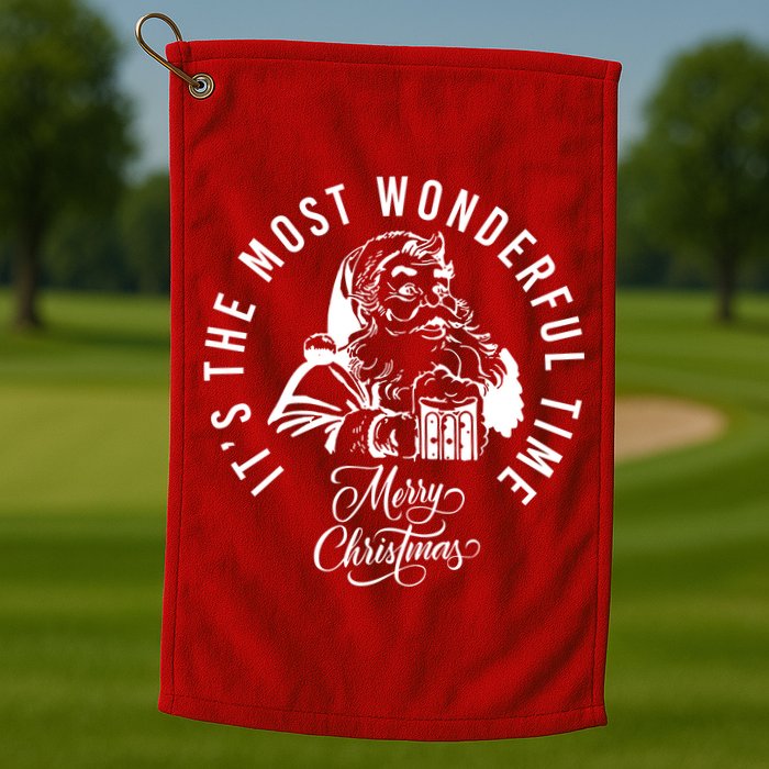 It's The Most Wonderful Time Santa Drinking Beer Christmas Golf Towel