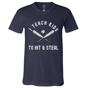 I Teach My To Hit And Steal Funny Baseball Dad V-Neck T-Shirt