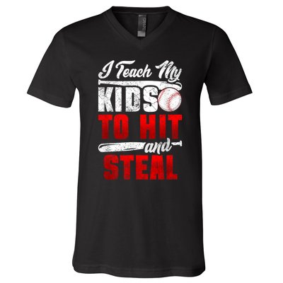 I Teach My Kids To Hit And Steal Funny Baseball Coach V-Neck T-Shirt