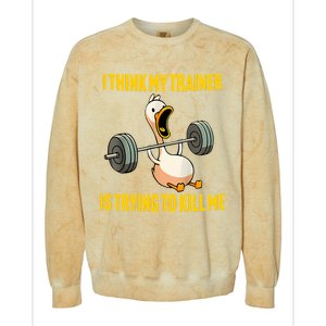 I Think My Trainer Is Trying To Kill Me Funny Workout Gym Long Sleeve Colorblast Crewneck Sweatshirt