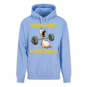 I Think My Trainer Is Trying To Kill Me Funny Workout Gym Long Sleeve Unisex Surf Hoodie