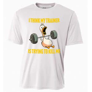 I Think My Trainer Is Trying To Kill Me Funny Workout Gym Long Sleeve Cooling Performance Crew T-Shirt