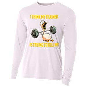 I Think My Trainer Is Trying To Kill Me Funny Workout Gym Long Sleeve Cooling Performance Long Sleeve Crew