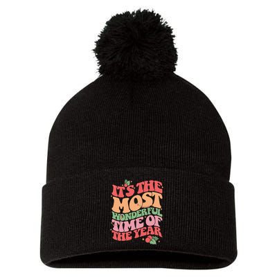 Its The Most Wonderful Time Of The Year Christmas Groovy Pom Pom 12in Knit Beanie