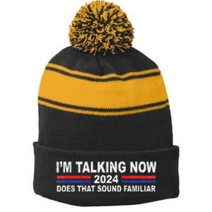 IM Talking Now Does That Sound Familiar Funny Trump Debate Stripe Pom Pom Beanie