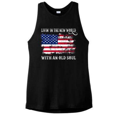 In The New World With An Old Soul America Flag Ladies PosiCharge Tri-Blend Wicking Tank